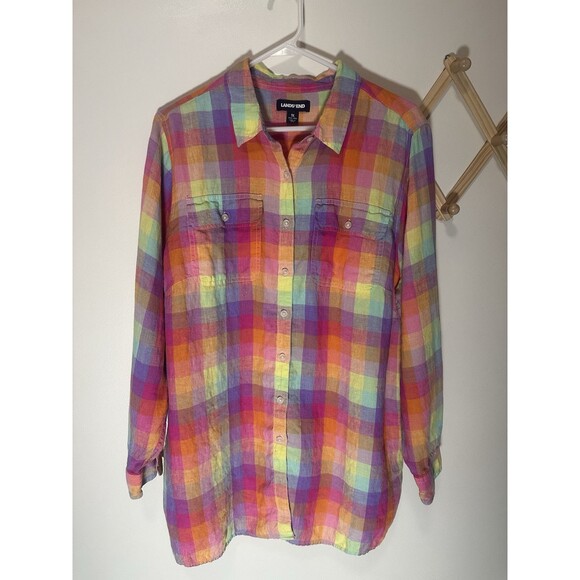 Lands End Women’s Rainbow Linen Top Longsleeve Size 1X - Picture 2 of 4